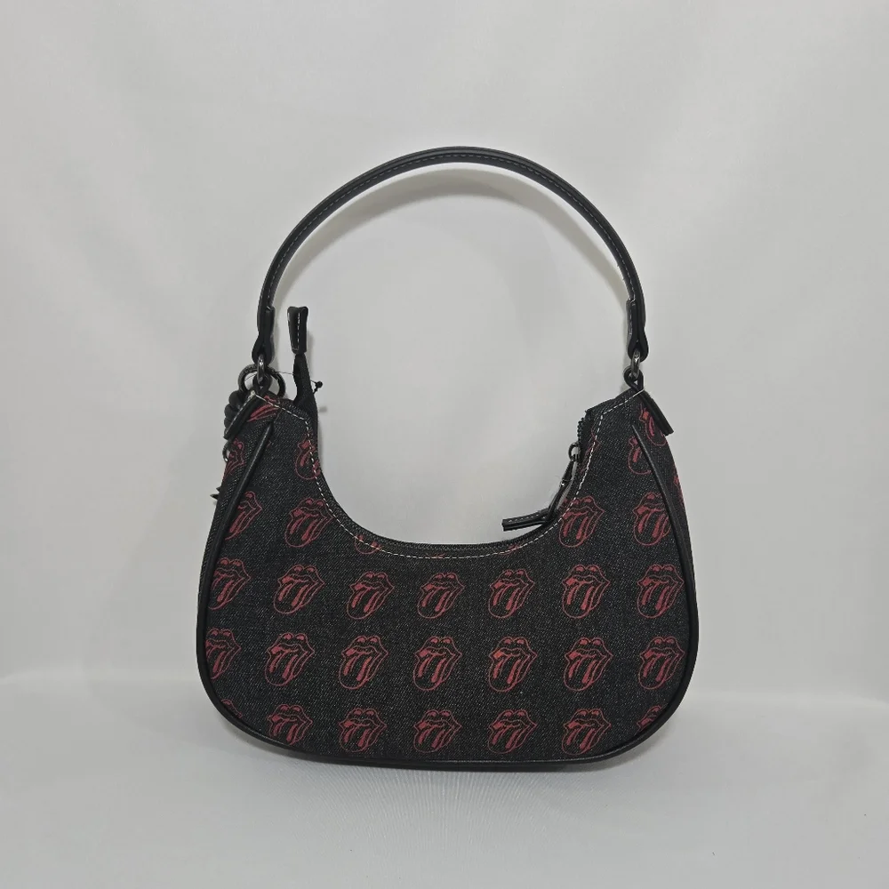 The Rolling Stones All-Over Tongue Logo Black Denim Small Hobo Bag